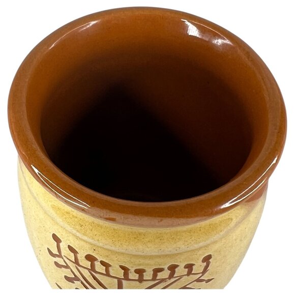 Handcrafted Ceramic Mini Crock Brown & Yellow Finish And Geometric Tree Pattern - Picture 6 of 7